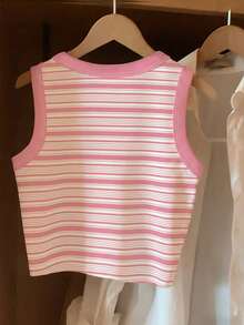 Resyla 女士休闲百搭粉色条纹圆领多功能背心 - 彩色 - 查看 2