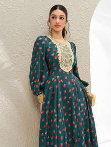 Al Najma Women's Round Neck Floral Print Ruched Waist Elegant Party Dress - Dark Green - View 4