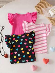 SHEIN Playful Pals 3件套彩色爱心条纹荷叶边圆领T恤上衣，柔软舒适，休闲可爱，春夏新品 - 彩色 - 查看 2