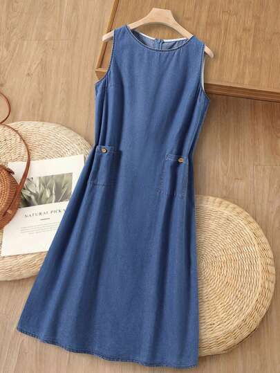 EMERY ROSE Plus Size Sleeveless Casual Denim Dress, Summer Casual Dress For Women Blue Dress
