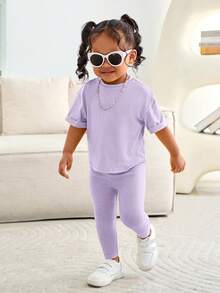 SHEIN Leap Crew Bộ áo thun ngắn tay màu đỏ và quần cạp chun cho bé gái, trang phục thường ngày cho các buổi đi chơi, bộ đồ màu vàng tươi sáng thời trang, bộ đồ màu tím nhạt và xanh dương 2 món cho bé 12 tháng tuổi, bộ đồ màu tím oải hương cho bé gái, bộ đồ màu tím oải hương cho trẻ em. - Màu tím - Xem 3