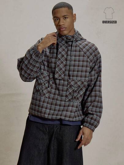 Musero 超大款长袖格纹连帽弹力抽绳套头外套，四分之一拉链隐藏式门襟，冬季必备单品