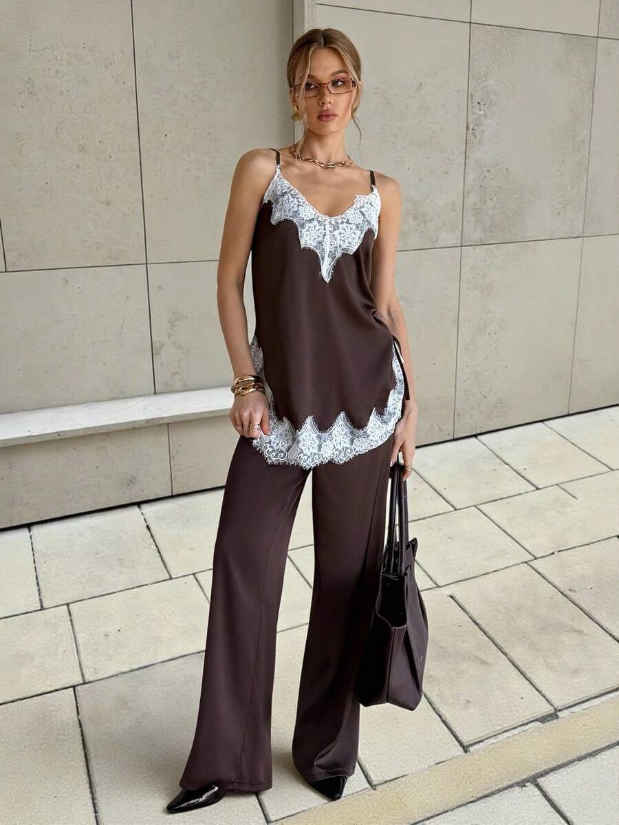 Siren Gaze 女士新款缎面蕾丝拼接吊带背心套装，秋冬款 - 棕色 - 查看 1