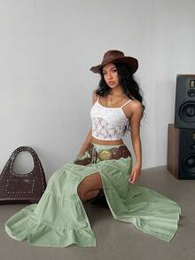 Siren Gaze 女款鼠尾草綠夏季波西米亞風沙灘長裙，100%純棉高開衩層次長裙，鬆緊腰頭與蕾絲飾邊，適合度假、假期、音樂節 - 薄荷綠 - 查看 5