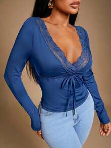 Radiana Women's Sexy Casual Elegant Brown Lace Patchwork Long Sleeve V-Neck Fitted T-Shirt, Autumn/Winter Undershirt - Blue - View 6