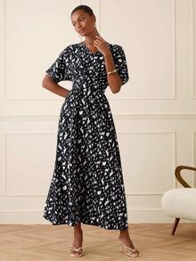 Lilora 女士优雅通勤全印花腰部连衣裙 - 黑色 - 查看 5