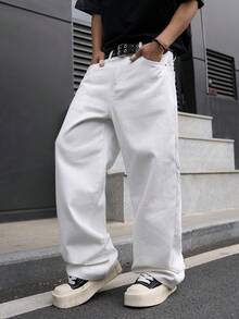 Manfinity Hypemode 男士街头时尚奢华刺绣设计宽松阔腿牛仔裤，不含腰带 - 白色 - 查看 4