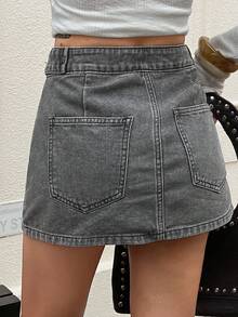 DAZY Chân váy denim ngắn dáng chữ A cạp thường dành cho nữ, phong cách đường phố thanh lịch và thường ngày. - Xám - Xem 6
