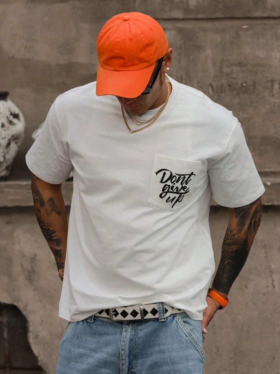 DAZY 男士短袖白色圆领口袋字母印花T恤，夏季 - 白色 - 查看 1