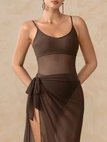 Swim Oasis Coffee One-Piece Swimsuit With Tie-Up Mesh Maxi Skirt, Mesh Patchwork Spaghetti Strap 2 Piece Bathing Suit,Summer Cute Beach Holiday - Multicolor - View 1