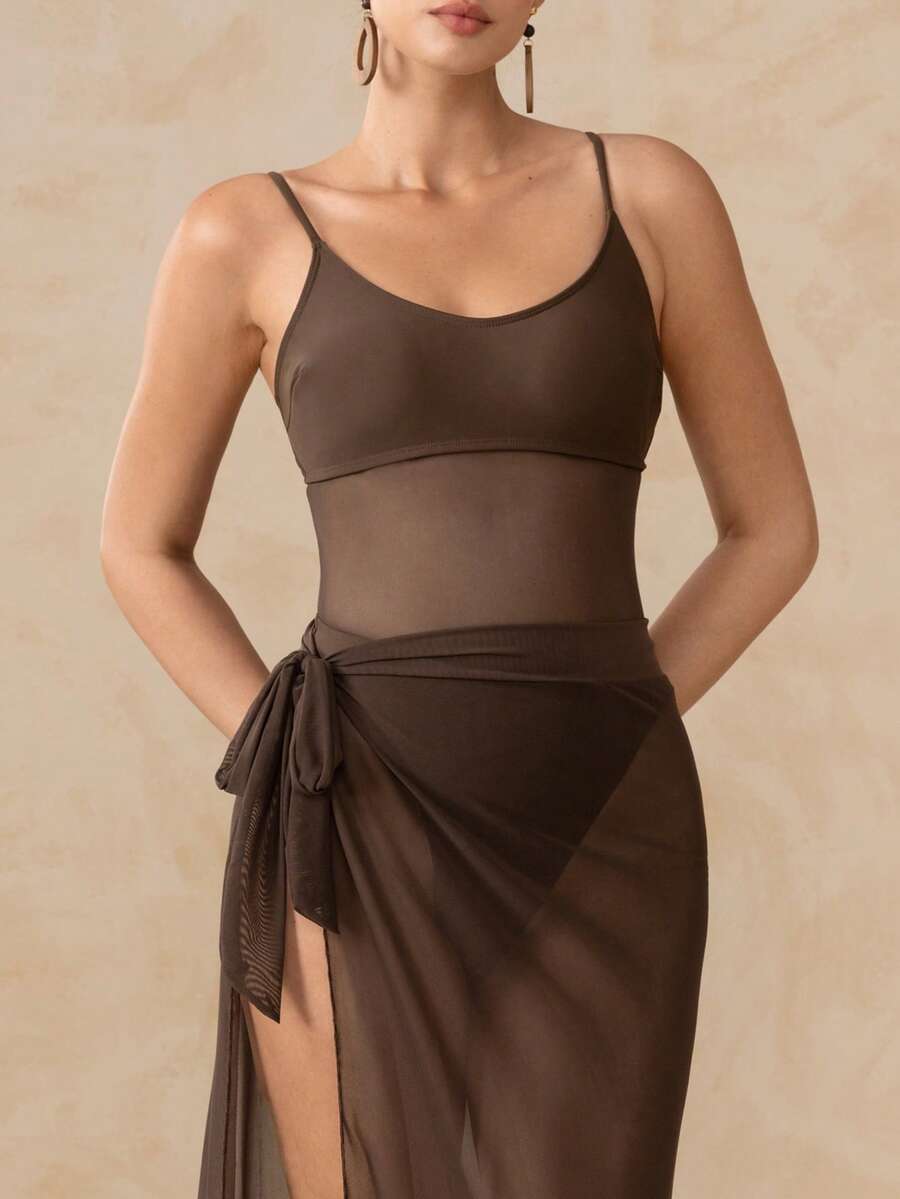 Swim Oasis Coffee One-Piece Swimsuit With Tie-Up Mesh Maxi Skirt, Mesh Patchwork Spaghetti Strap 2 Piece Bathing Suit,Summer Cute Beach Holiday - Multicolor - View 1