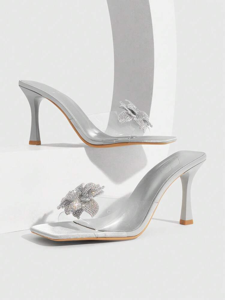 CUCCOO SZL Women's Square Toe Stiletto High Heel Gray Sexy Fashion Glamorous Slip-On Transparent Rhinestone Embellished Floral Mule Sandals, Suitable For Dresses, Party, Nightclub Valentine's Day