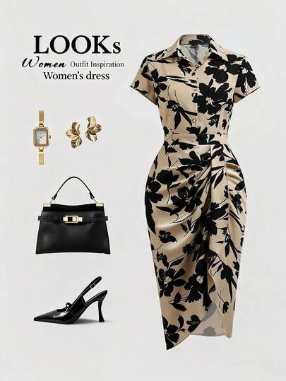 Franclia 夏季复古黑色碎花立领收腰连衣裙，短袖单扣褶皱修身短裙，优雅办公室着装，凸显身材的印花连衣裙，黑金连衣裙，女士职业装，优雅女装，女士连衣裙，金黑套装，金黑连衣裙，女士黑金套装，女士葬礼着装