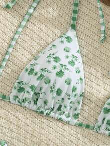 Swim Mod 女士沙滩音乐节花卉格子印花可爱打结细肩带丁字比基尼 - 彩色 - 查看 4