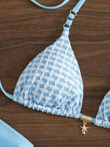 Swim Mod New Arrival Elegant Boho Women's Light Blue Geometric Textured Triangle Bikini Set, Sexy, Cute And Playful Y2K Spice Hot Girl Styleswimsuit With Golden Star Charm Detail, Halter Neck Tie, Side Bandage Bottoms, High Cut Cheeky Fit,Tanning Suit, Retro Swimwear, Summer Pool Party Beach Outfit, For Summer Beach Vacation, Music Festival, Tropical Coastal Brunch Outings, Seaside Pool Parties, Coastal Island Vacay&Mod Vibes - Blue and White - View 5