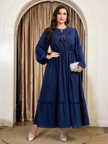 Al Najma Plus Size Women Contrast Lace Tie-Up Fringe Ruched Elegant Waist Lantern Sleeve Party Dress Fall - Navy Blue - View 5