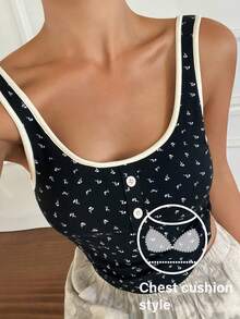 DAZY Ditsy Floral Contrast Trim Camisole Top With Built-In Bra Pad For Women - Black - View 1