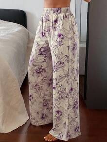 DAZY Pantaloni pigiama a gamba dritta e ampia con stampa floreale, per donne, primavera e autunno - Viola - Visualizzare 5