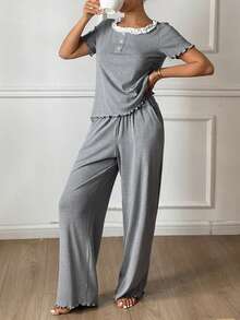 DAZY Contrast Color Trim Knit Women Pajama Set - Grey - View 5