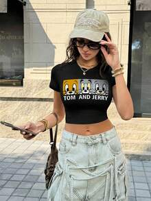 TOM & JERRY X SHEIN 女士休闲卡通字母印花修身短款T恤，夏季 - 黑色 - 查看 5