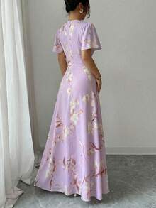 Elenzga 嘉年华紫色荷叶边袖圆领收腰数码印花优雅浪漫女装，适合派对、约会和正式场合。 - 彩色 - 查看 2