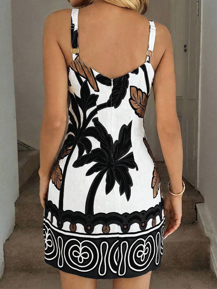 Easowa Vestido camisero de línea A con cintura ceñida y sin mangas, con estampado de árboles de coco y flores, vestido mini casual y elegante para mujer, primavera/verano - Multicolor - Añade 2