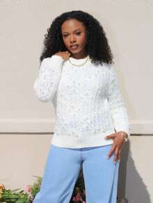 Steph T 女士纹理珍珠白色重磅毛衣，冬季时尚圆领针织上衣 - 白色 - 查看 3