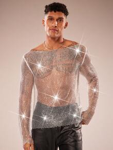 FeverCity Men's Boat Neck Long Sleeve Shiny Mesh T-Shirt - Silver - View 2