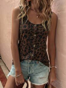 Selamara New Fashion Women Floral Leopard Print Round Neck Button Tank Top - Multicolor - View 5