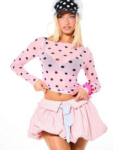 SUMWON WOMEN Polka Dot Long Sleeve Fitted Top With Crew Neckline And Regular Length For Casual Everyday Wear - Pink - View 4