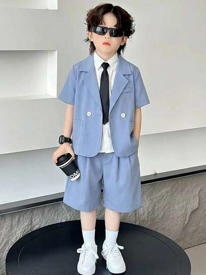 SHEIN 两件套男童绅士西装，蓝色西装外套和松紧腰短裤，适合婚礼、派对、春夏穿着。