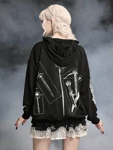 ROMWE SpringGothic Witch Weapon Print Patchwork Ruffle Trim Sweatshirt Sweatshirt For Women - Black - View 3