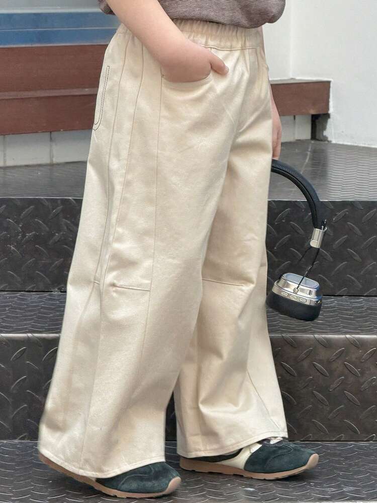 Young Boy Casual Fashion Street Daily Commute Simple Versatile Solid Color Elastic Waist Slant Pocket Loose Wide Leg Pants Summer