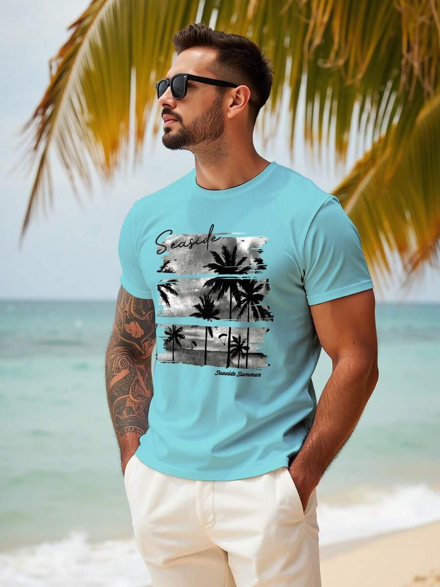 Manfinity RSRT Men's Round Neck Short Sleeve Casual Palm Tree Graphic T-Shirt, Versatile For Summer Daily Wear - Mint Green - View 1