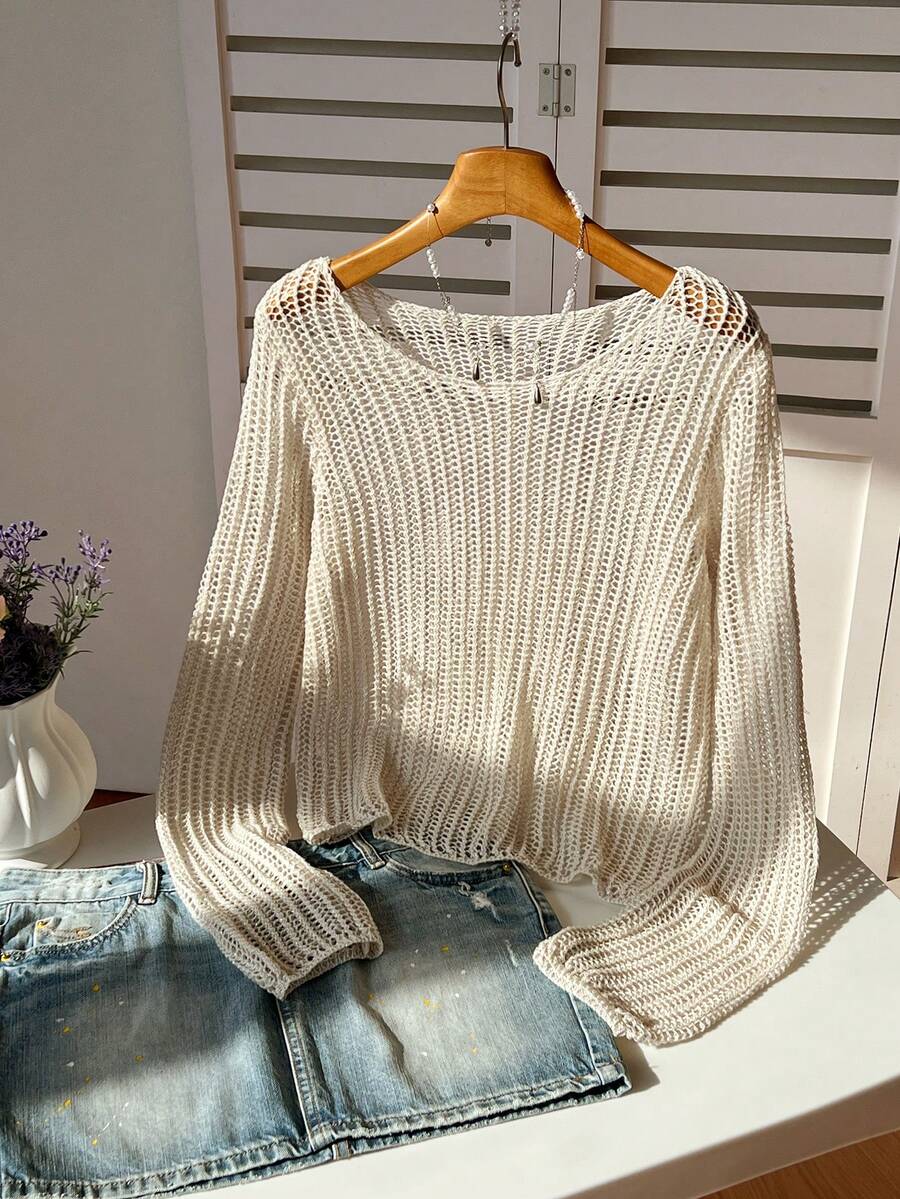 SHEIN Unity 女士杏色薄纱钩编套头毛衣，性感休闲沙滩罩衫，轻盈夏季度假风 - 杏色 - 查看 1