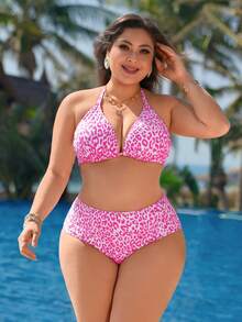 Slaydiva Plus Size Women 4pcs Swimwear Set, Asymmetrical Leopard Floral Patchwork Mesh Tankini Bikini - Multicolor - View 3