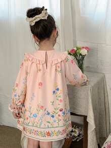 LMoss Kids 少女花卉印花荷葉邊休閒度假日常洋裝 - 粉色 - 查看 4