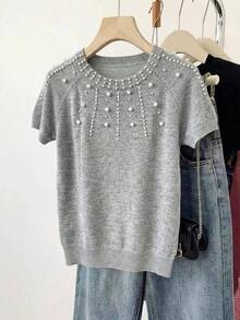 Franclia Áo dệt kim tay ngắn màu xám thanh lịch và đa năng, điểm xuyết ngọc trai giả ở cổ áo và vai, phù hợp cho mùa thu, đông và xuân, hoàn hảo cho mùa hè. Cũng thích hợp để mặc vào mùa xuân, ngày Valentine, lễ hội Carnival. - Xám - Xem 2