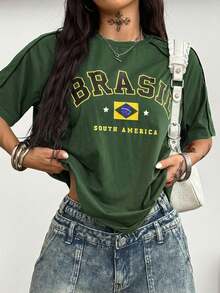 Coolane Áo thun nữ tay ngắn màu đen in chữ, phối màu, phong cách đường phố Y2K cá tính. - Màu xanh lá cây đậm - Xem 2