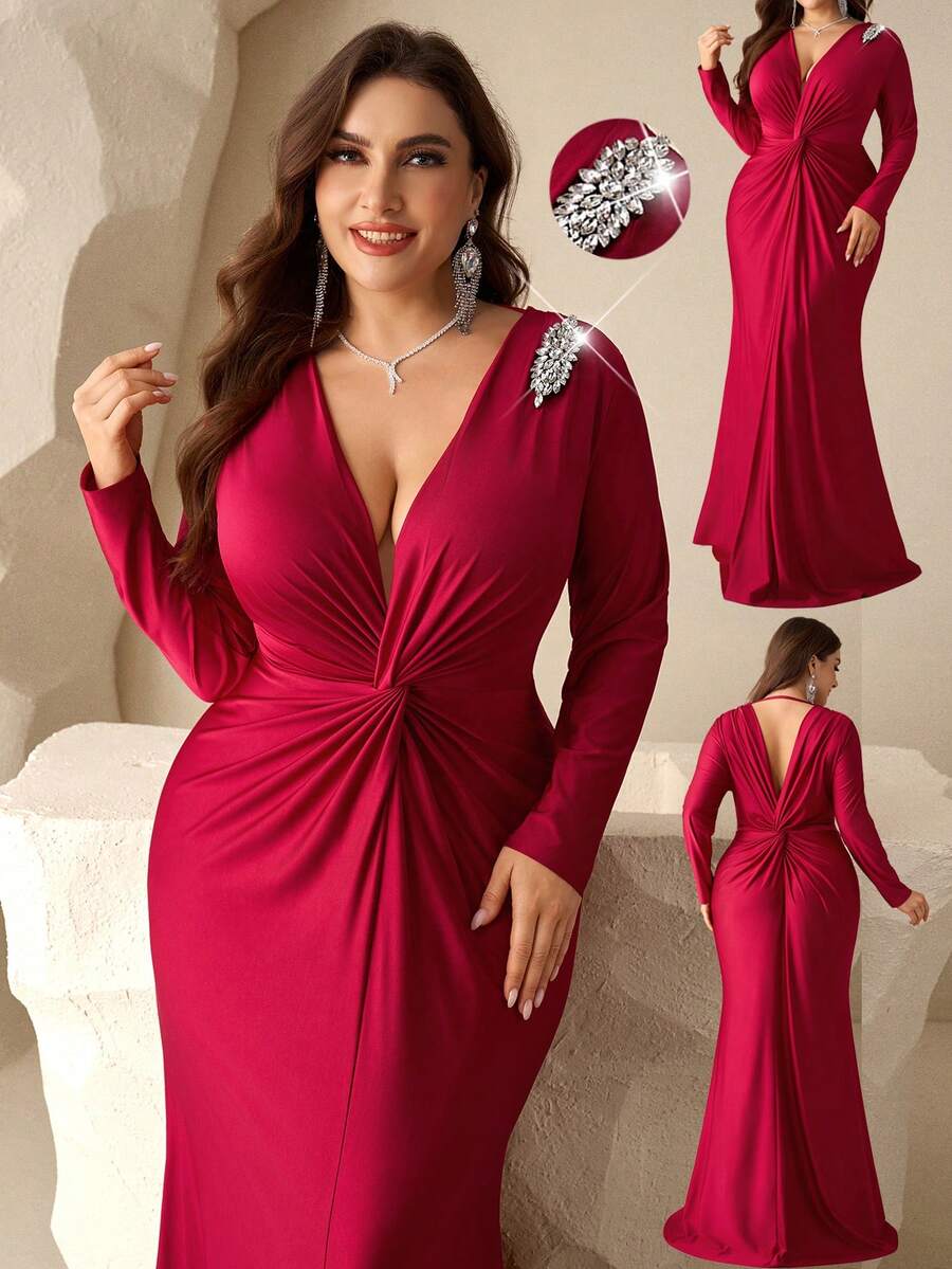 Coutiva Vestido de noite formal plus size com decote em V profundo e mangas compridas, adornado com strass (altamente bordado).