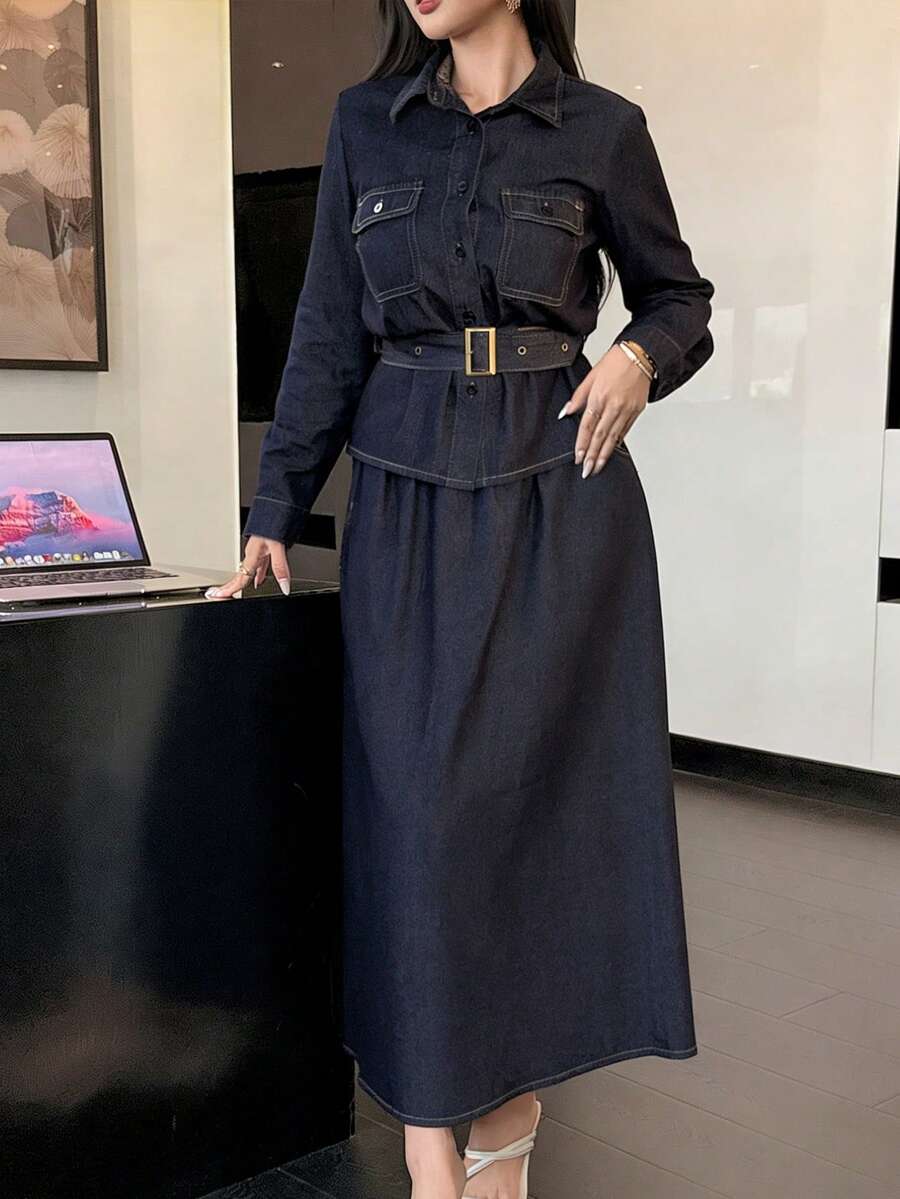 DAZY Women's Casual Denim Collared Top And Skirt Set - Dark Wash - View 1