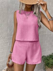 EMERY ROSE Women's Casual Solid Color Round Neck Tank Top And Shorts 2 Pieces Set, Summer - Pink - View 8
