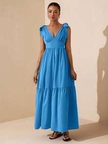 Lyxana Women's Bright Blue V-Neck Tie-Up Sleeveless Dress - Blue - View 3