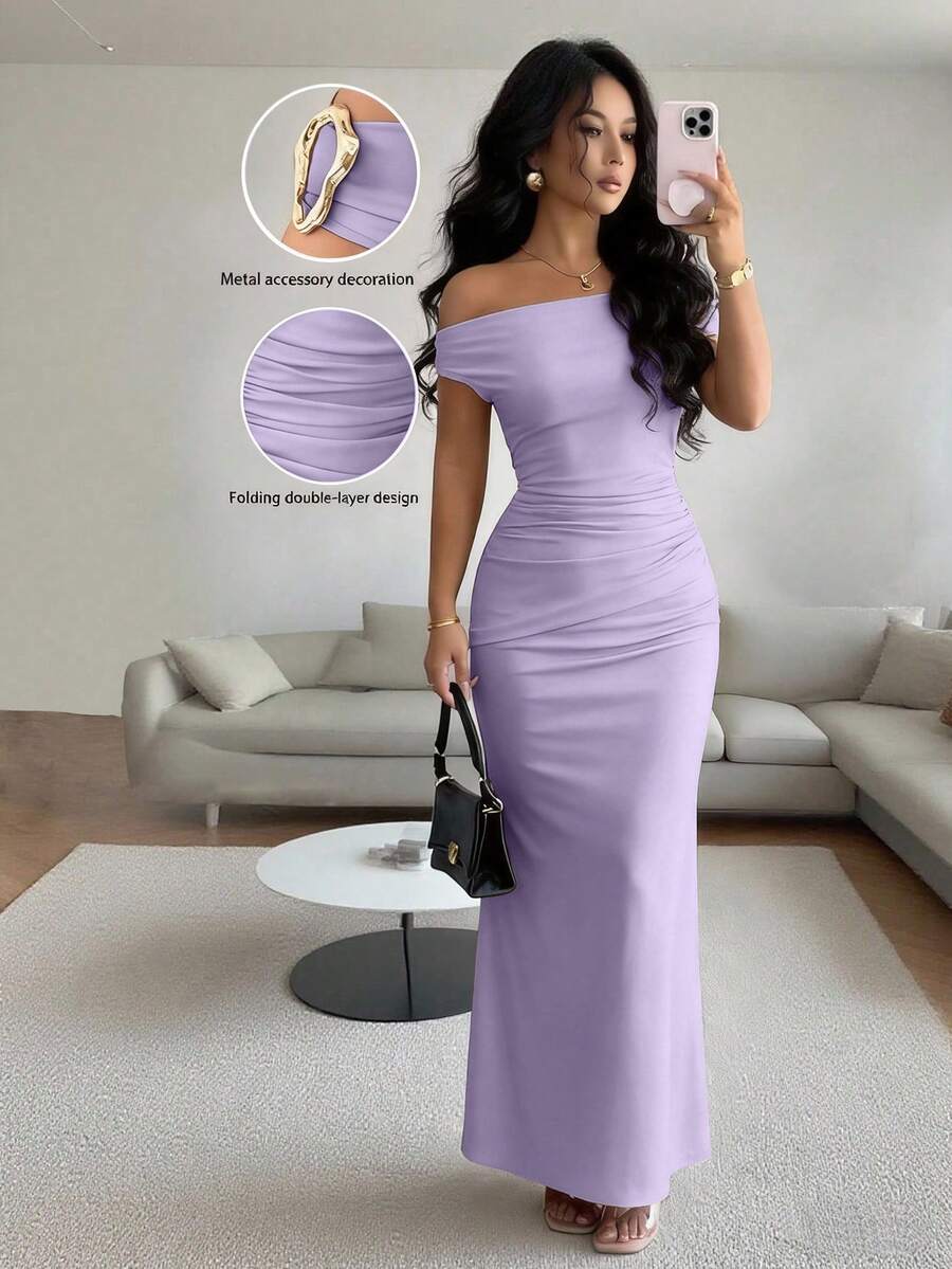 Rafferiza Đầm dự tiệc ôm sát cơ thể, thanh lịch, trễ vai, đính kim loại, xếp ly dành cho nữ. - Màu tím hoa cà - Xem 1