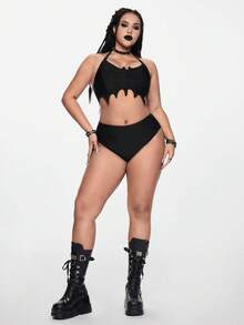 ROMWE Goth 大码哥特蝙蝠图案可调节吊带比基尼套装 - 黑色 - 查看 6