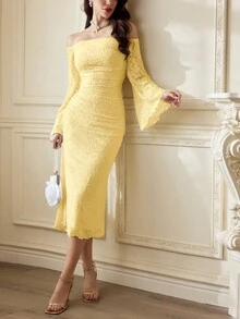 Vintamour 复古优雅女士针织提花蕾丝花朵网纱露肩修身连衣裙，适合假日派对、休闲夏季穿着，也可作为度假服装。白色连衣裙，夏季连衣裙，白色连衣裙，舞会礼服，生日礼服，婚礼宾客礼服，复活节春季连衣裙，夏季服装，春季套装，复活节礼服，生日套装，婚礼礼服，春假礼服 - 鵝黃色 - 查看 4