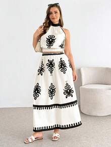 SHEIN Essnce Damen Mode in Große Größen Frühling/Sommer lässig, locker und bequem schwarzer geometrischer Muster Crop Top und lange Rock apricotfarbenes Zweiteiler Set, Sommerkleidung, Urlaubsoutfits, Strandurlaubs-Outfits für Frauen - Aprikosenfarben - Übersicht 7