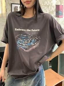 DAZY 女士极简印花圆领短袖T恤 - 灰色 - 查看 3