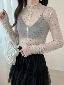 FRIFUL 女士休闲修身网纱透视叠穿上衣，半高领长袖，领口和袖口饰边，抽绳袖口，秋季百搭单品 - 白色 - 查看 4