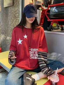 DAZY 女士圆领撞色条纹韩版印花长袖T恤 - 紅色 - 查看 1